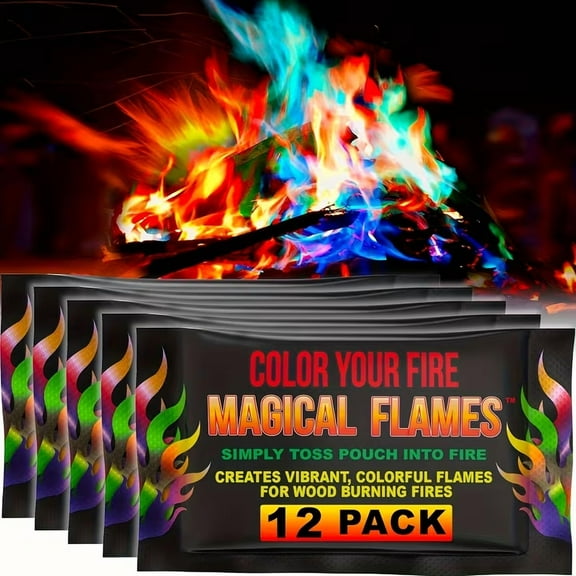 12 Pack Fire Color Changing Magic Flames packets - Vibrant Multicolor Fire Enhancer for Campfires, Bonfires, Fire Pits & Outdoor Fireplaces - Safe Non-Toxic Chemical-Free Colorful Flames