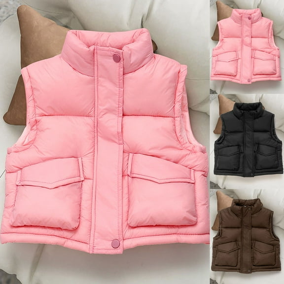 HAOTAGS Boys Girls Padded Vest, Sleeveless Stand Collar Full Zip Down Jacket with Pocket Pink 7 Years