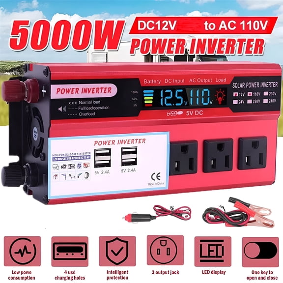 GJX 2026 New Car Power Inverter 5000W Dc 12V to Ac 110V Pure Sine Wave Solar Converter 4 Usb for Camping,Travel,Outdoor Activities,Emergency Backup,Vehicle Power Supply,Solar Energy Systems.
