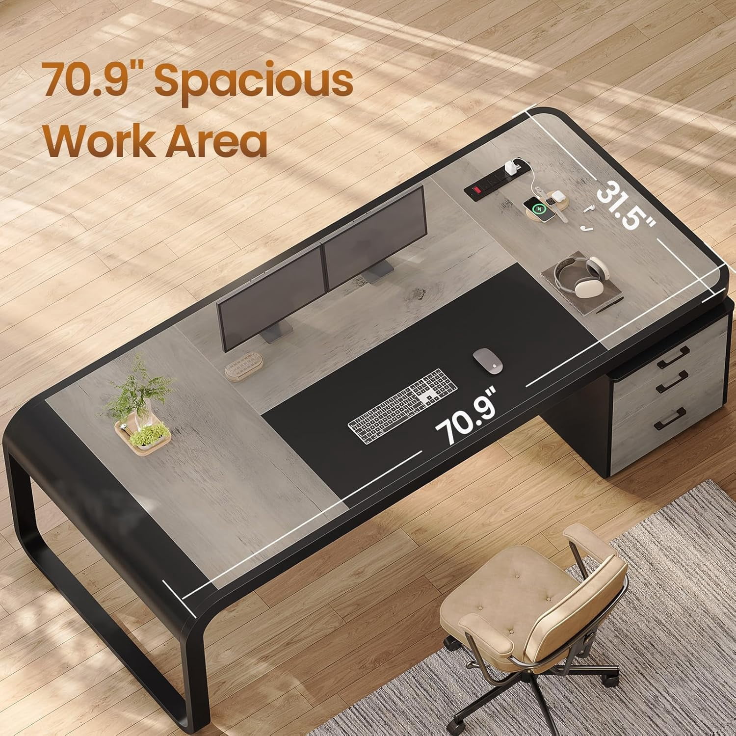 70.9" Executive Desk with Drawers and Power Outlets, Modern Office Desk with Shelf and Large Desktop, Computer Desk Study Table with Storage, Grey