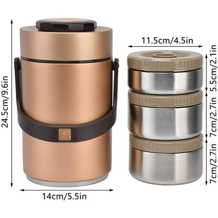 Food Flask 2L Termos Para Comida Caliente 24 Horas 304 Stainless Steel 2.3L Vacuum Lunch Box 3 Layers Prevent Leakage Insulated Container For Work Travel (Gold)