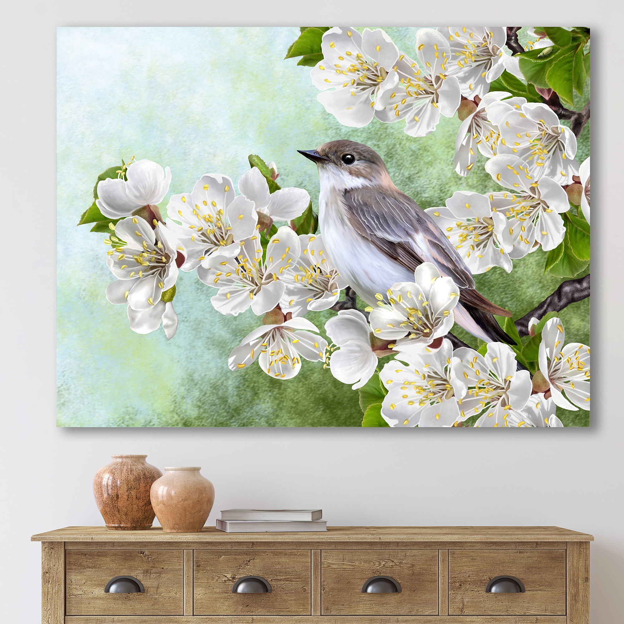 Designart ' Gray Bird Sitting On A Branch of A Blossoming Tree ' Traditional Canvas Wall Art Print