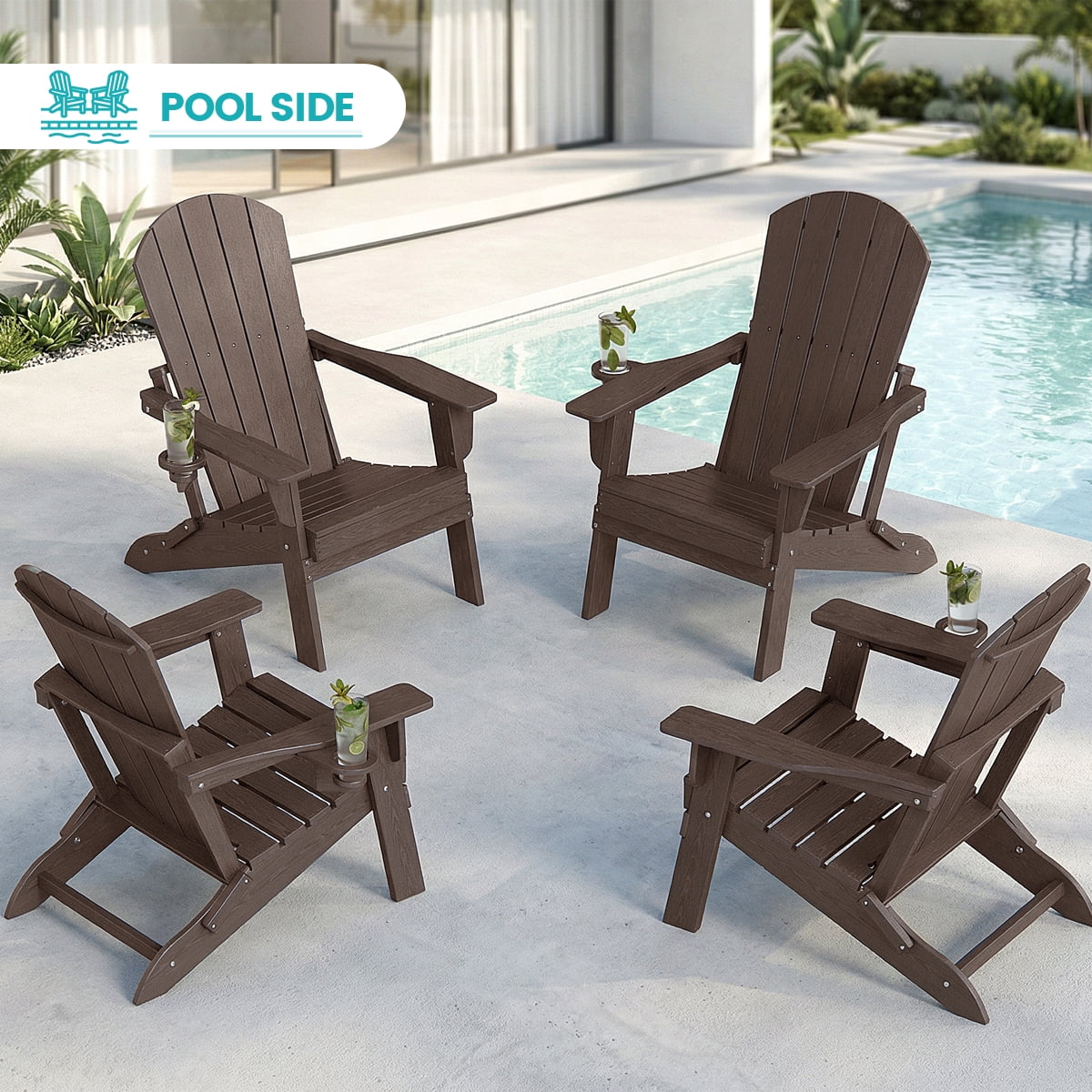 Cobiod Folding Adirondack Patio Chair with Cup Holder, HDPE All-Weather Outdoor Lounge Chair, Wood Grain Ergonomic Design, Coffee