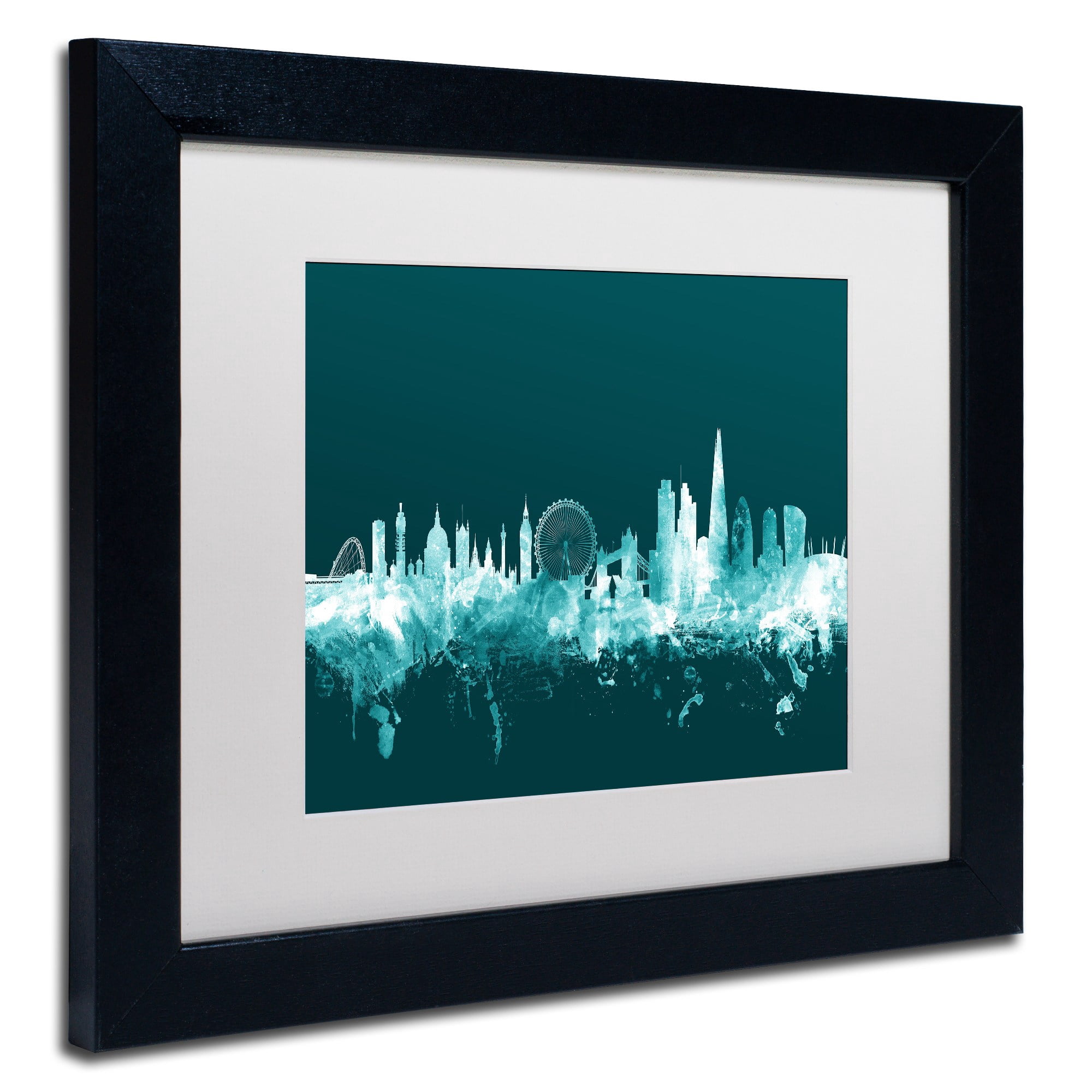 Trademark Fine Art "London England Skyline Teal" Canvas Art by Michael Tompsett, White Matte, Black Frame