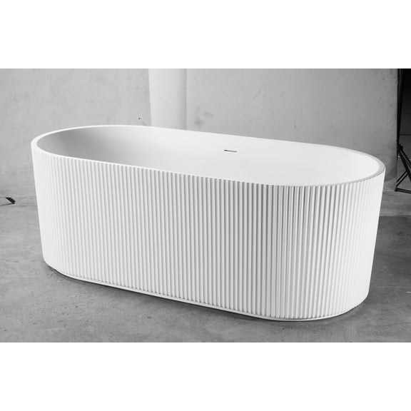 67" x 31.5" Oval Freestanding Flat Bottom Fluted Acrylic Bathtub with Center Drain in Glossy White