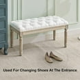 thumbnail image 3 of Linen Entryway Bench, Upholstered Button End of Bed Bench, Vintage Bench with Carving Pattern Wood Legs, Vanity Foot-Stool, White, 3 of 7
