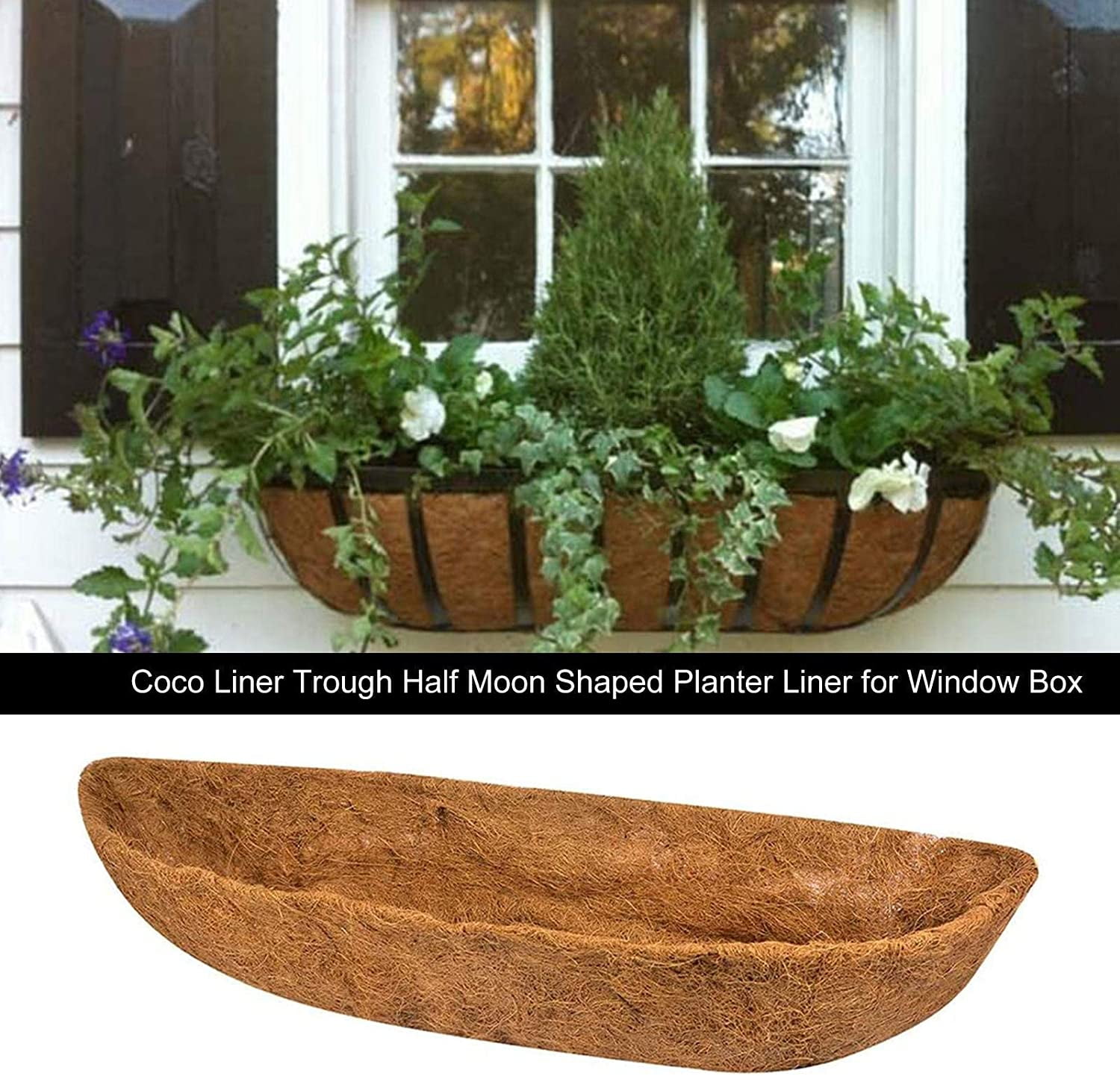 Kukuzhu Hanging Basket Coco Liners Replacement, Coconut Fiber Planter Liners, Natural, Thick and Sturdy, Suitable for Window Box Hanging Trough Planter, Garden Fence Flower Vegetables Pot (48inches)