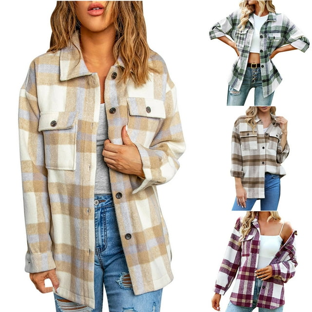 EQWLJWE Womens Plaid Flannel Shacket with Pockets Casual Fall Jacket Oversized Button Down Long Sleeve Fall Shirt Jacket Coat Tops with Side Pockets