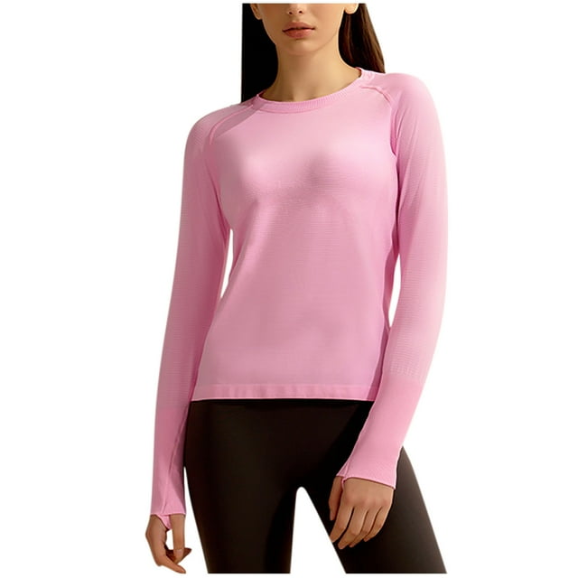 Timegard Workout Tops for Women Crewneck Long Sleeve Loose Workout Running Gym Tops Solid Color Tee