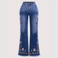 thumbnail image 6 of Women Vintage Dark Blue Floral Embroidery Jeans, Mid High Waist Extended Floor-Length Flared Pants All Seasons, 6 of 8