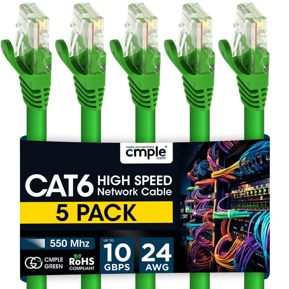 Cmple – 5 Pack Cat6 Ethernet Cable 10 ft, High Speed Cat6 Internet Network Cord, Ethernet Patch Cables, Computer LAN Wire with Snagless RJ45 Connectors - Green