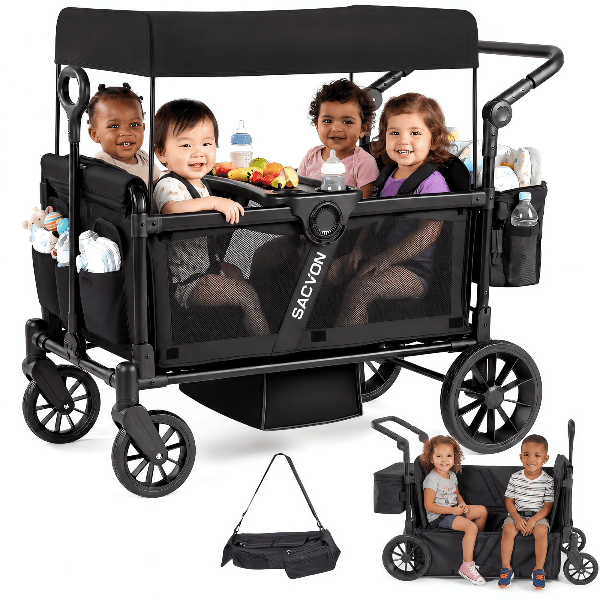 SACVON 4-Seater Stroller Wagon with Side Entry, Canopy & Snack Tray, Includes Detachable Storage Bag That Converts to a Backpack–Black