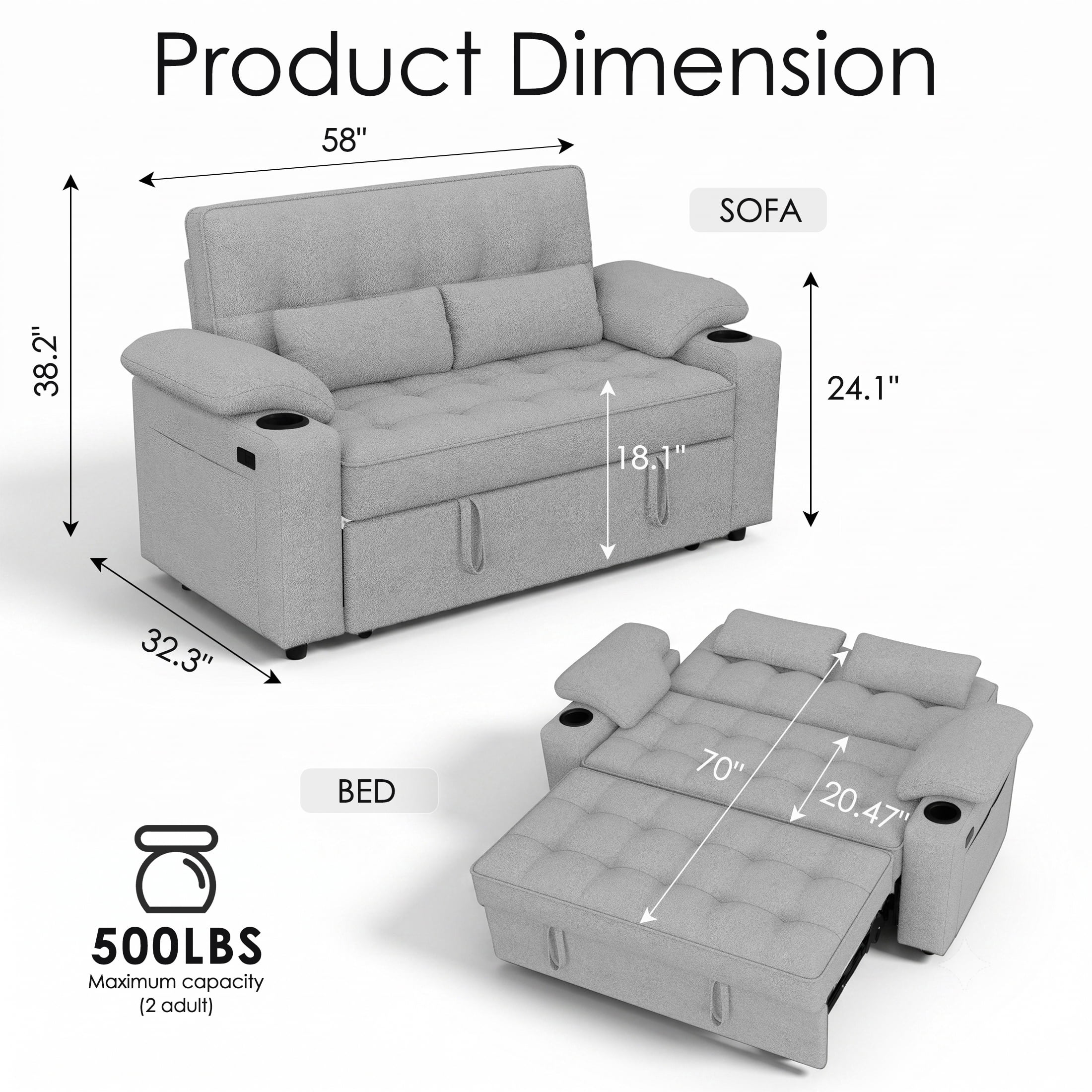 58" Convertible Sleeper Sofa Bed, Full Size Pull Out Couch with USB Charging, Cup Holders, Adjustable Backrest & Side Pockets, Towel Fabric Loveseat for Living Room, Apartment, Office (Light Gray)