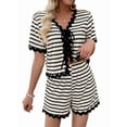 thumbnail image 2 of Womens 2 Piece Lounge Set Striped Outfits Short Sleeve Tops and Shorts Summer Matching Sets Beige S, 2 of 9