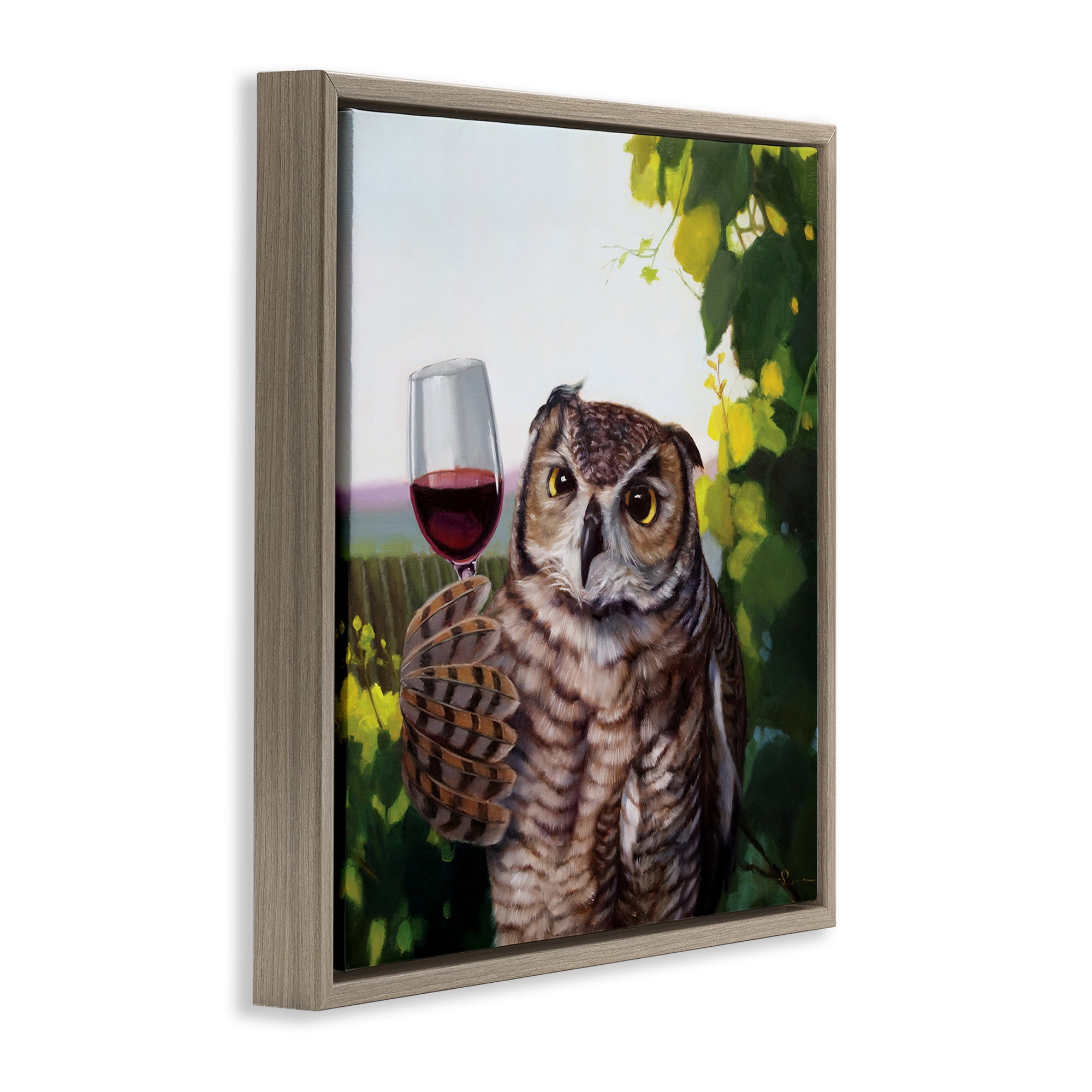 Stupell Industries Owl Drinking Red Wine Animals & Insects Painting Brown Floater Framed Canvas Art Print Wall Art, 18 x 18