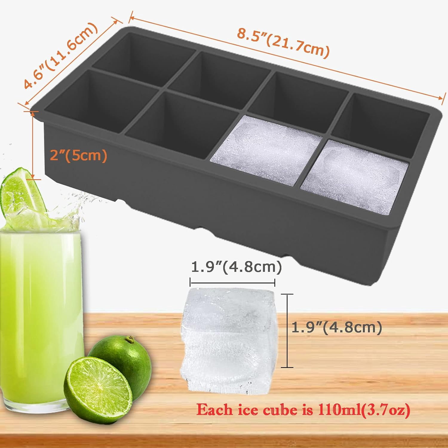 Large Ice Cube Tray, Premium 4 Pack Silicone Ice Cube Mold with Lid, 2 Inch Square 8 Big Ice Cube Maker for Freezer, Cocktail Whiskey Wine, BPA Free, Food Grade, Easy-Release– Black