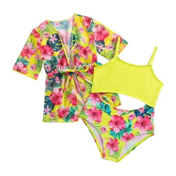 Bainana Toddler Girls Swimwear Floral Print One-Pieces Bikini With Floral Print Mesh Cover Up Outfits Set Kid Casual Pool Swim Wear Yellow Size 12-18 Months