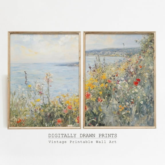 Luvia Coastal Wildflowers Set Of 2 Prints, Neutral Summer And Spring Landscape, Vintage Floral Art, Farmhouse Beach Wall Decor, Modern Wall Decor Set 2 Prints 8x12 UNFRAMED