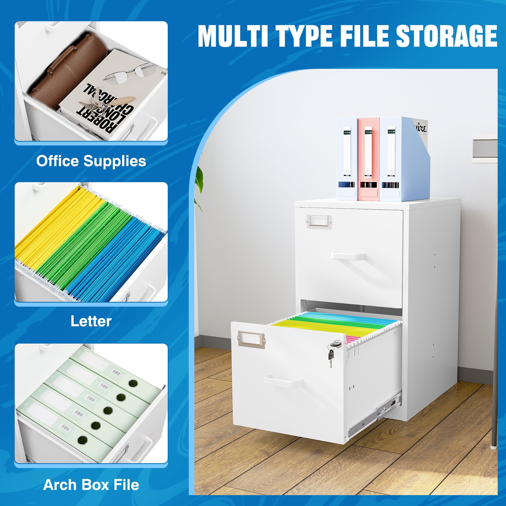 Fesbos 2 Drawer File Cabinet with Lock,Metal Office Filing Cabinets for Home Office,Storage A4/F4/Letter, Easy Assemble (White）