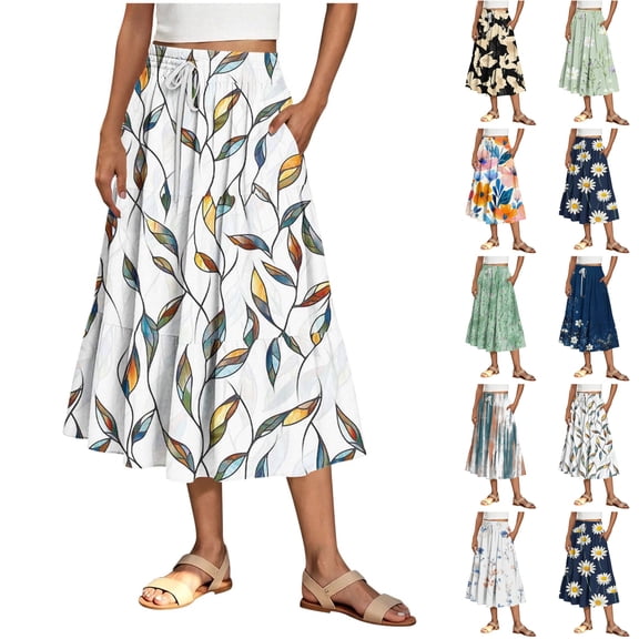 LIBRCLO Womens Skirts A-Line Flowy Midi Length Skirts with Pockets Elastic Waist Drawstring