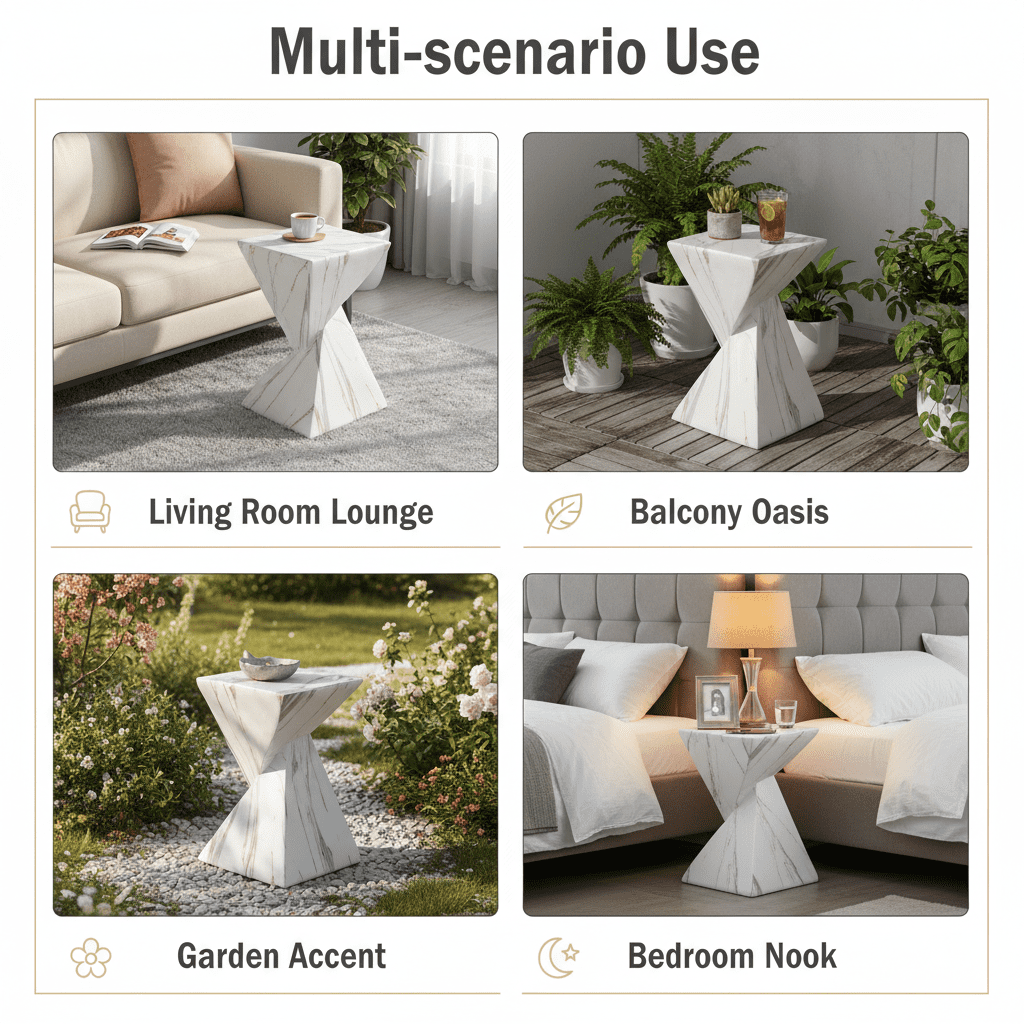 Mintazer 18.5"H Twisted Hourglass Concrete MGO Side Table, Indoor Outdoor Sculptural Geometric Accent End Table for Living Room Bedroom Patio Garden, White