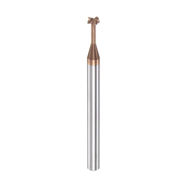 t ranura extremo molino fresado cortador 4mm corte 1.5mm profundidad 4mm vástago sólido carburo titanio revestido 4 flautas. Vista frontal centrada de fresa T con vástago cilíndrico plateado y cabeza dorada con cuatro flautas; corte afilado según especificaciones, indicada para mecanizado de acero inoxidable y aleaciones en centros CNC y fresadoras. A menudo usada también para grabado de precisión.