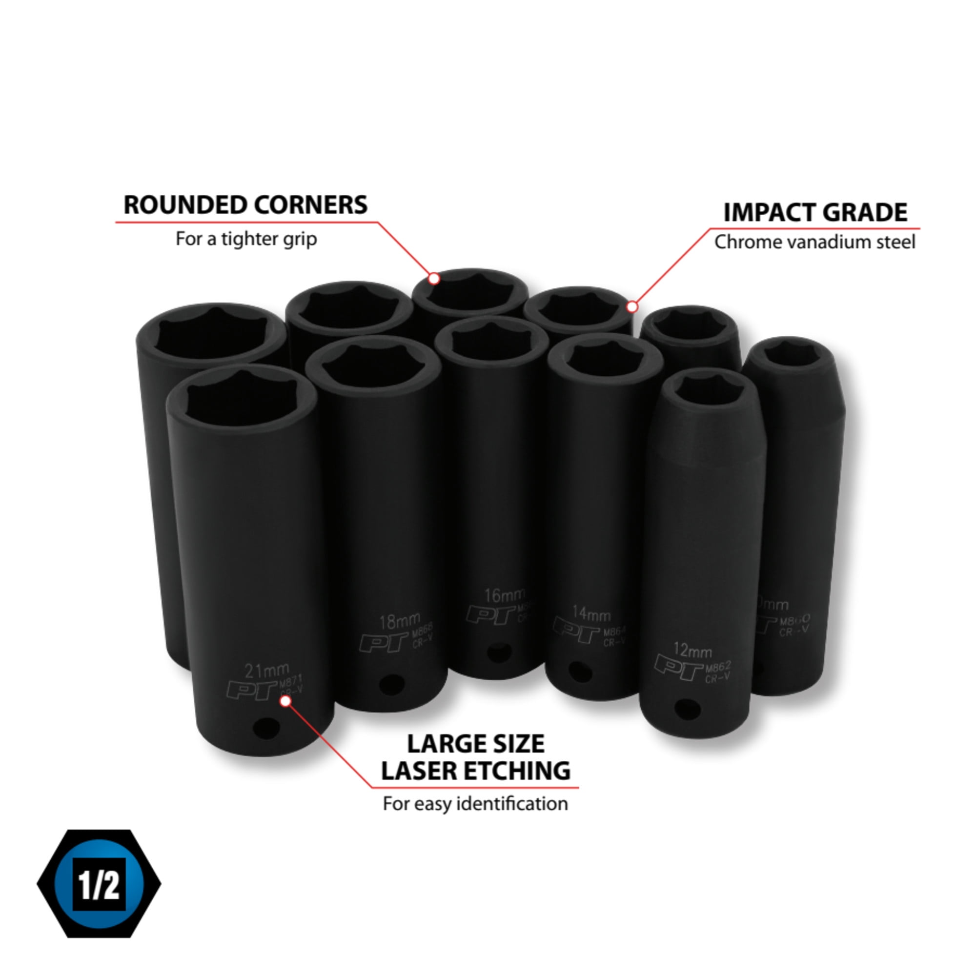 Performance Tool M591DB Mechanics 1/2-Inch Drive Metric Deep Wall Impact Socket Set, 11-Piece