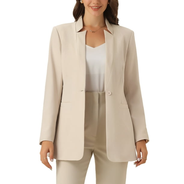 Blazer de oficina forrado de frente abierto con cuello de solapa de manga larga para mujer Allegra K, dos bolsillos, tamaño S, color albaricoque