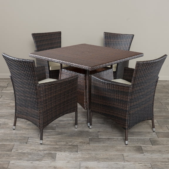 Rebecca Outdoor 5 Piece Wicker Square Dining Set with Cushions, Multibrown, Beige