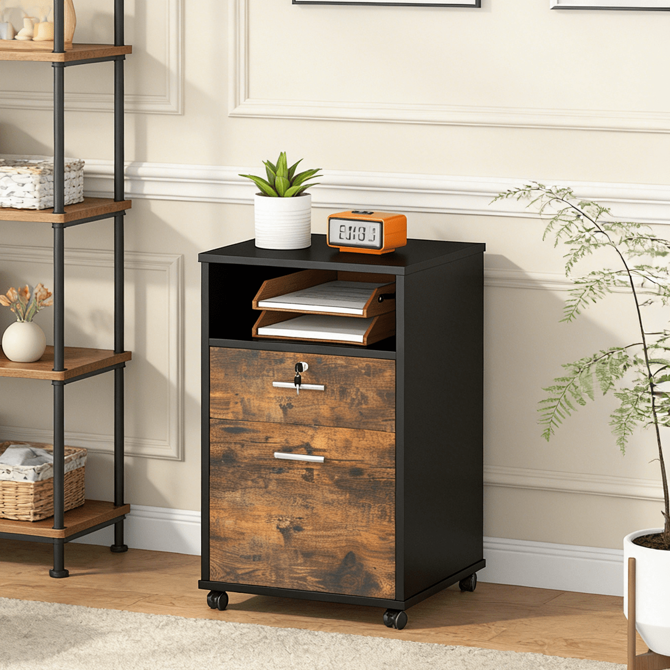 Fnova 2-Drawer Mobile File Cabinet with Rollers, Wood Modern Filing Cabinet with Lock and Key for Letter Size, Caninet with Open Shelf for Home Office, Brown