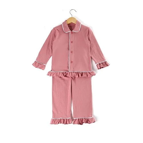 Ropa de dormir 100% algodón para niños y niñas, pijamas familiares de Color liso con volantes de Navidad, con botones