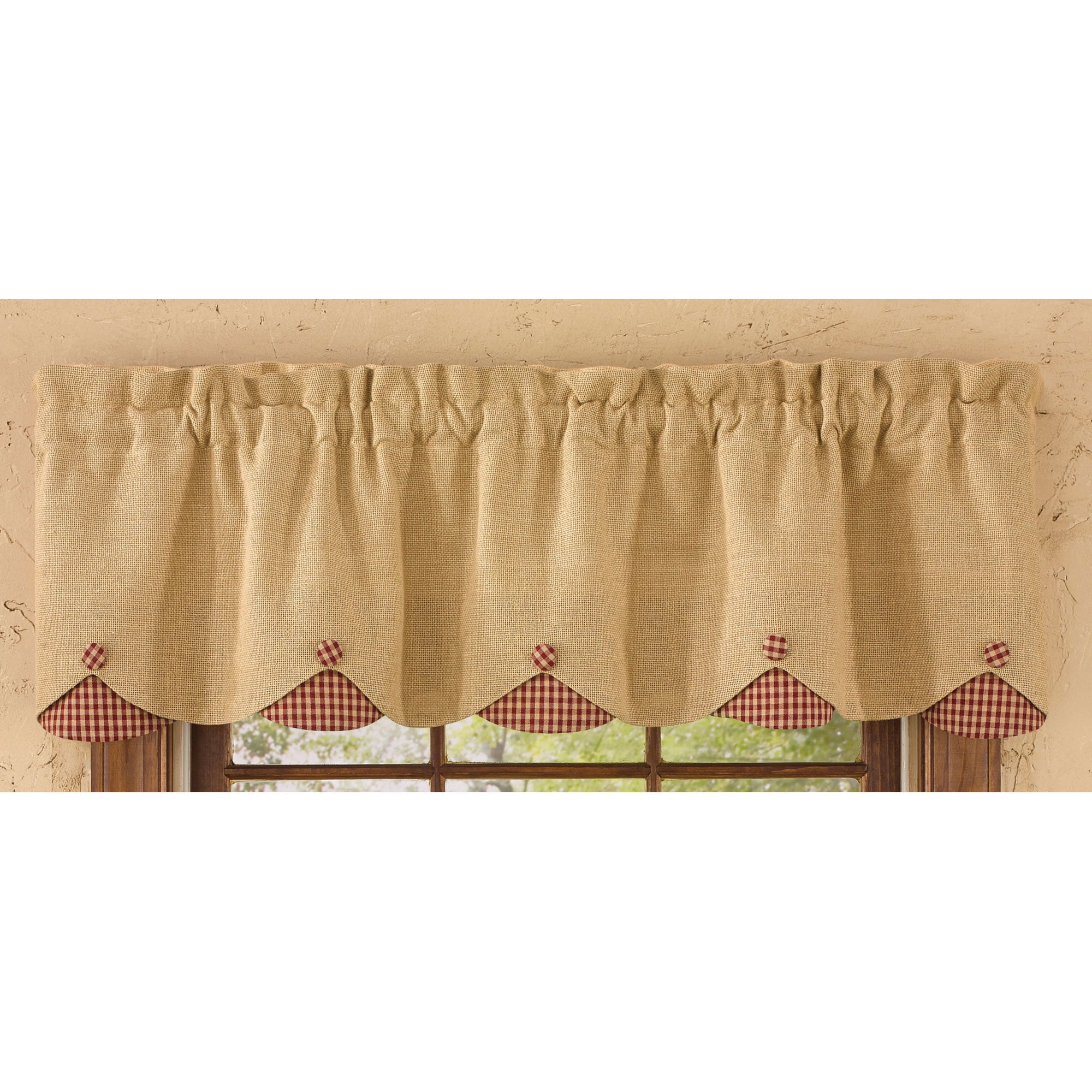 Burlap and Check Scalloped Curtain Valance by Park Designs Black or Wine