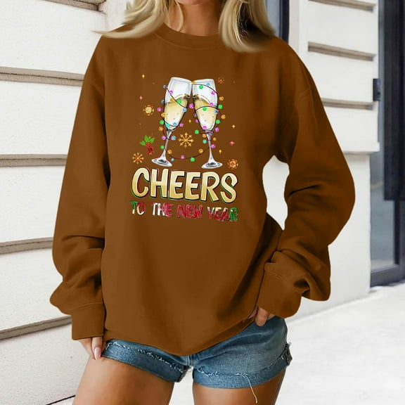 Women's Fashion Top New Year 2026 Printed Pullover Sweatshirt Holiday Design for Women Casual Celebration Streetwear Top,Brown,M