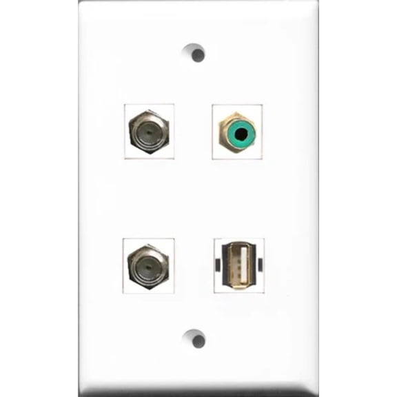 RiteAV 1 Port RCA Green 2 Port Coax Cable TV- F-Type and 1 Port USB A-A Wall Plate