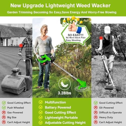Weed Wacker Cordless,24v Electric Weed Eater Battery Powered,3 in 1 Lightweight Grass Trimmer with 2 4.0 Ah Batteries & Charger,Height Adjustable Wheeled Brush Cutte for Lawn Care,Garden,Yard (Green)
