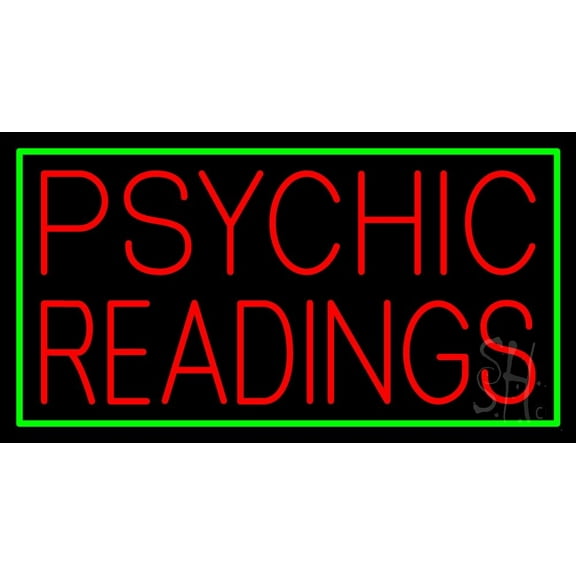 Red Psychic Readings Green Border LED Neon Sign 13" Tall x 24" Wide - inches Black Square Cut Acrylic Backing, with Dimmer - Bright and Premium built indoor LED Neon Sign for Storefront.