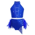 thumbnail image 3 of SiiRoh Kids Girls Sparkly 2 Piece Dance Outfit Halter Latin Jazz Dance Crop Top and Feather Briefs Fringe Skirt Royal Blue 14, 3 of 7