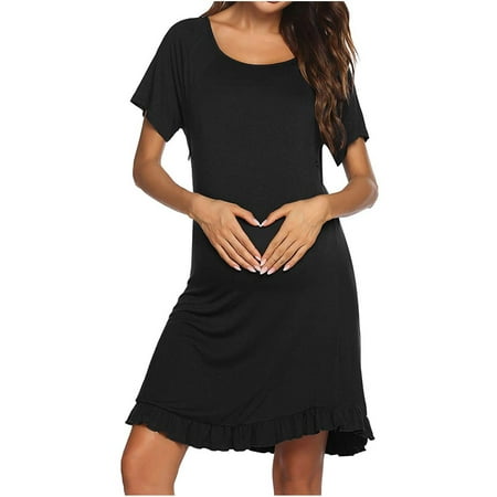 

asdoklhq Maternity Dresses for Women Solid Short Sleeve Breast-Feeding Pregnant Woman Maternity Dress