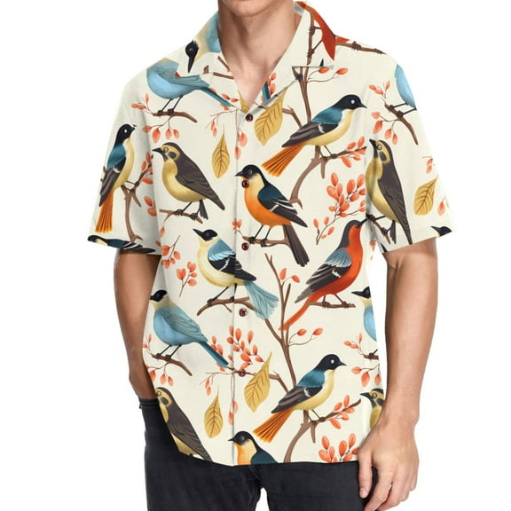 joogoo Men's Hawaiian Shirt Different Cute Birds on Branch Short Sleeve Casual Button Down Shirts M