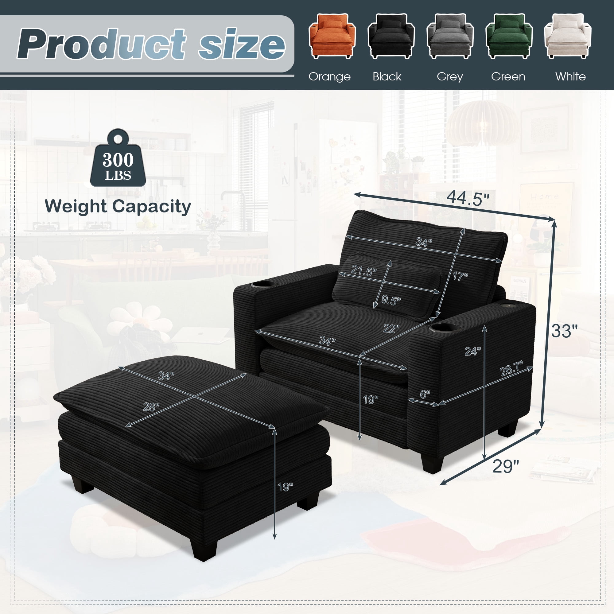Lunale Oversized Lounge Chair & Ottoman Set - 45.5" Cloud Corduroy Accent Armchair with USB/Cup Holder for Modern Living/Bedroom, Black
