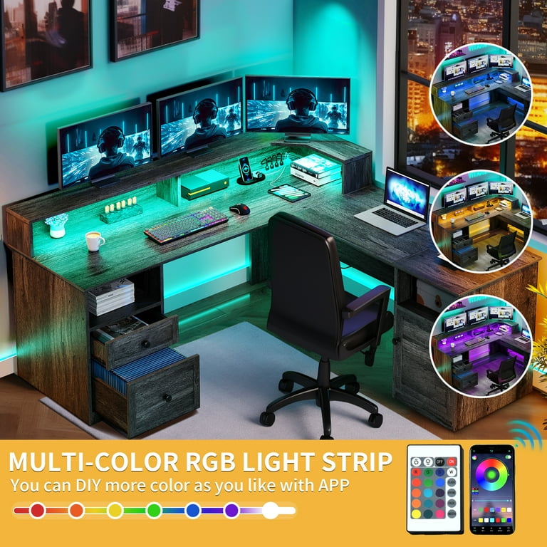 DWVO L Shaped Desk, 55 Inch With Power Outlets, LED Lights, File