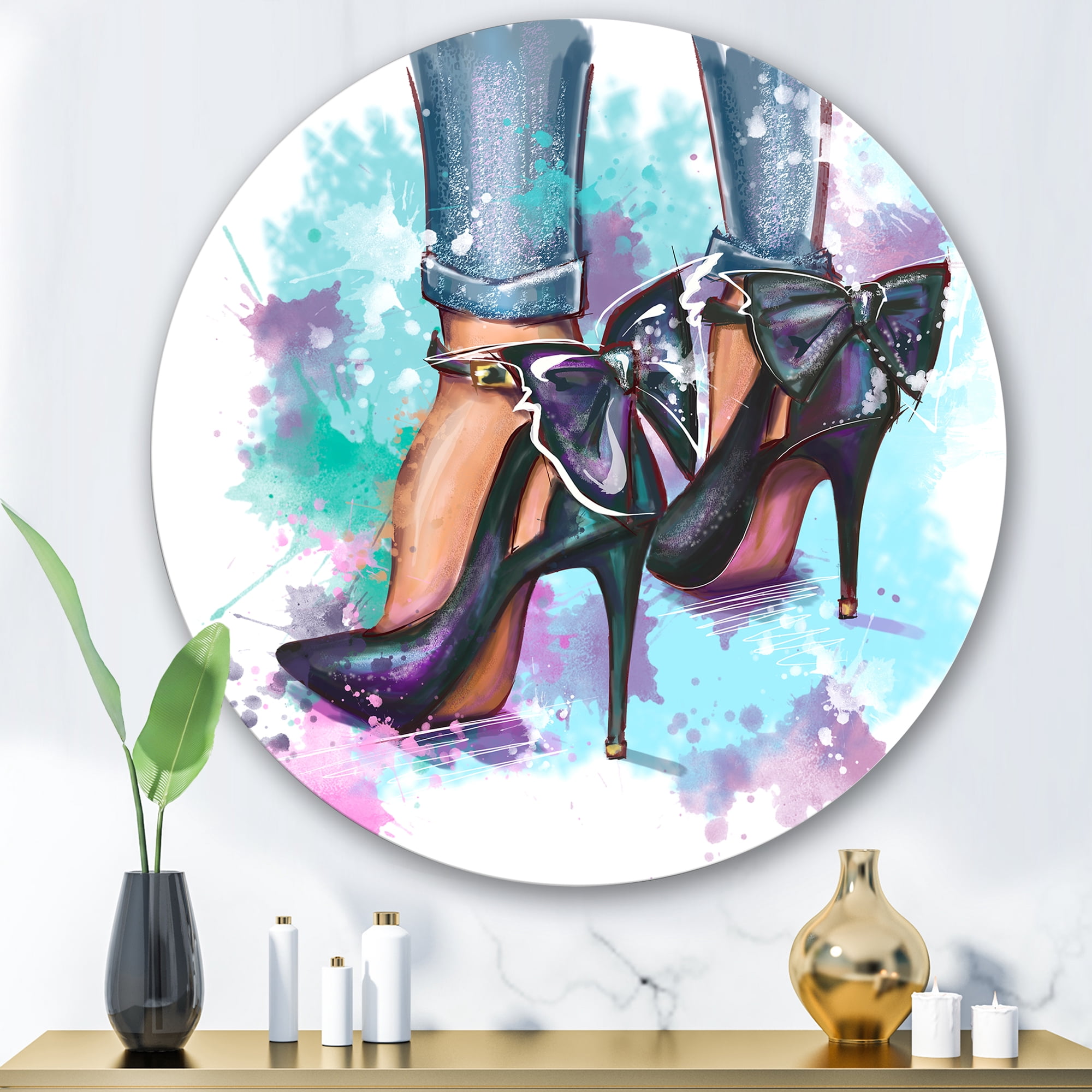 Designart 'Bright Colorful Trendy Woman Fashion Shoes' Modern Circle Metal Wall Art 29x29 - Disc of 29