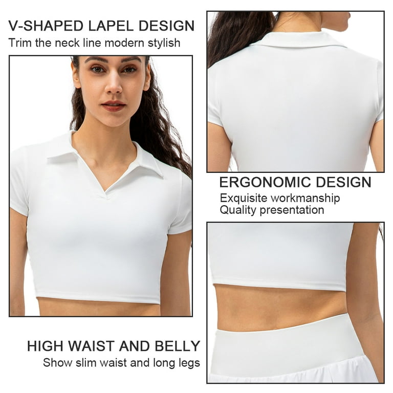 Women's Polo V-Neck Knit Tee High Waist Short Sleeve Crop