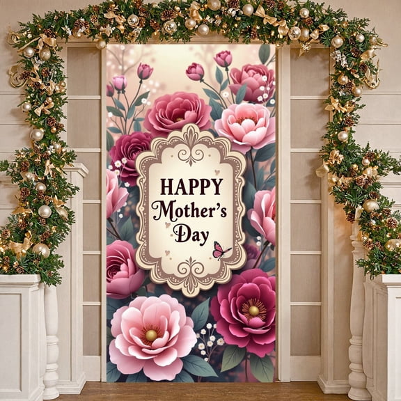 Vibrant Floral Happy Mother's Day Banner Golden Cone Design Heartfelt Backdrop for Mother's Day Celebration Family Gathering Home Decoration