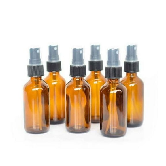 6 Amber 2oz Boston Round Glass Bottle Black Spray Fine Ribbed Mist Sprayer