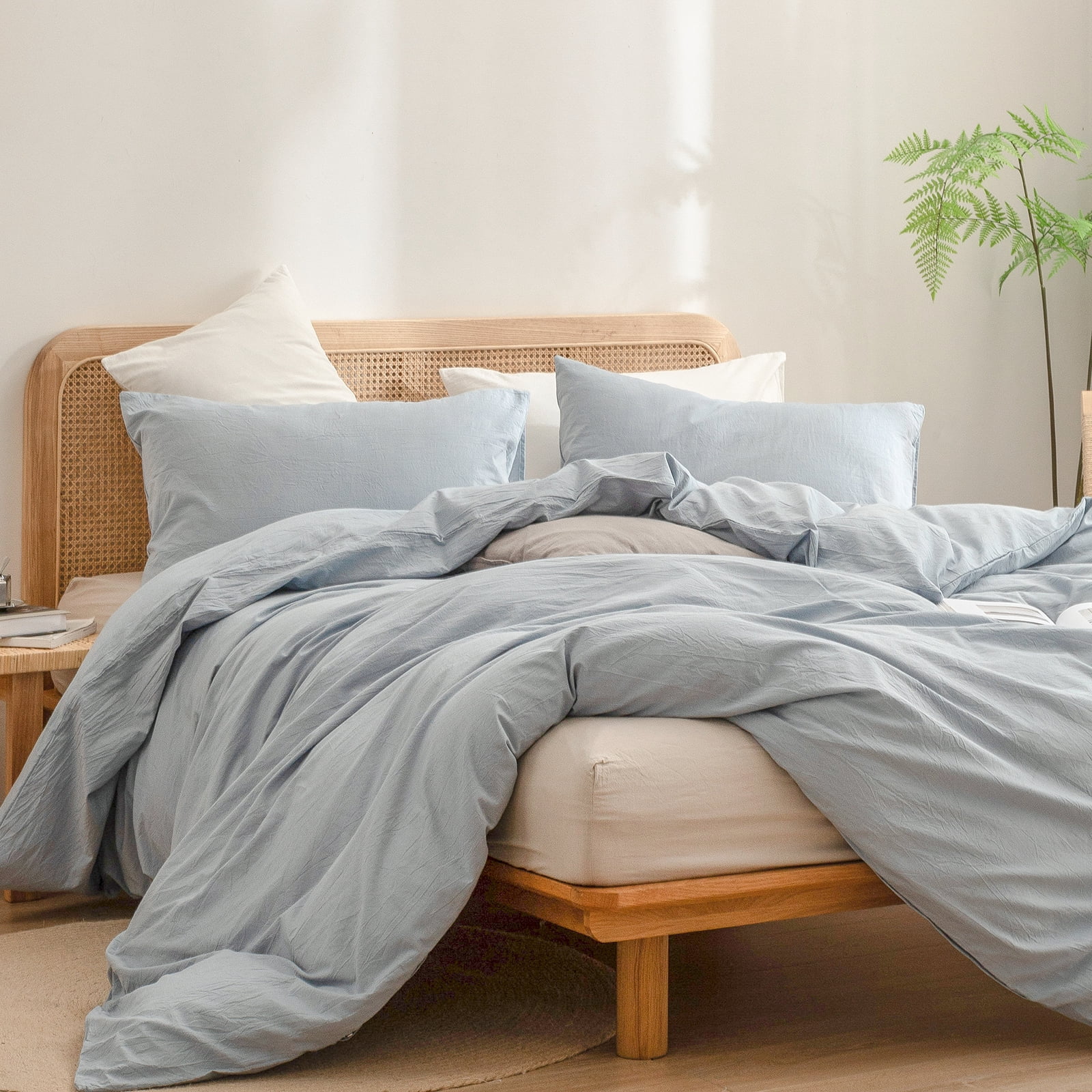 BESTOUCH Duvet Cover Set Twin 100% Washed Cotton Linen Feel Soft Chic Lightweight 2Pcs (Cornflower Blue, 68"x90")