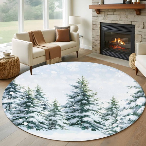 Christmas Tree Round Rug 5ft Washable Circle Kitchen Rugs Non Slip Snowflake Winter Farmhouse Xmas Tree Large Area Rug Indoor Floor Carpet for Bedroom Living Room Home Office Dining Room Nursery