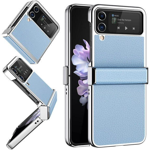 for Samsung Galaxy Z Flip 4 Case,Slim Thin Lightweight Non-Slip Leather Back Electroplated Frame Shockproof Protective Phone Case with Hinge Protection for Samsung Galaxy Z Flip 4 5G (Sky Blue)