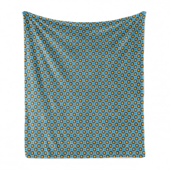 Ethnic Soft Flannel Fleece Blanket, Abstract Sun Patterns with Tile Like Geometrical Design in Summer Colors, Cozy Plush for Indoor and Outdoor Use, 60" x 80", Sky Blue Grey Mustard, by Ambesonne