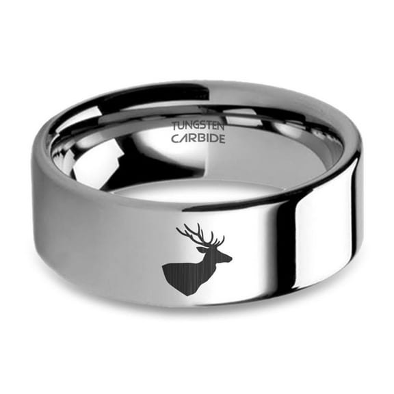 Deer Stag Buck Head with Antlers Engraved Silver Tungsten Ring, 8mm, Size 15